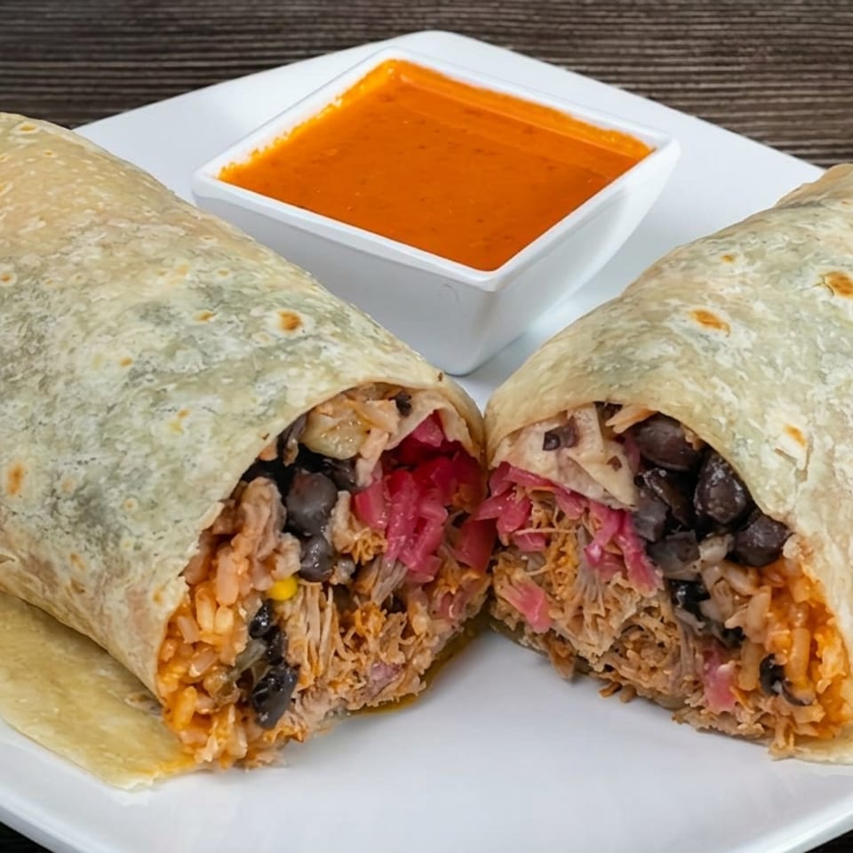Two cut-open burritos filled with shredded meat, rice, black beans, and pickled onions, served with orange sauce.