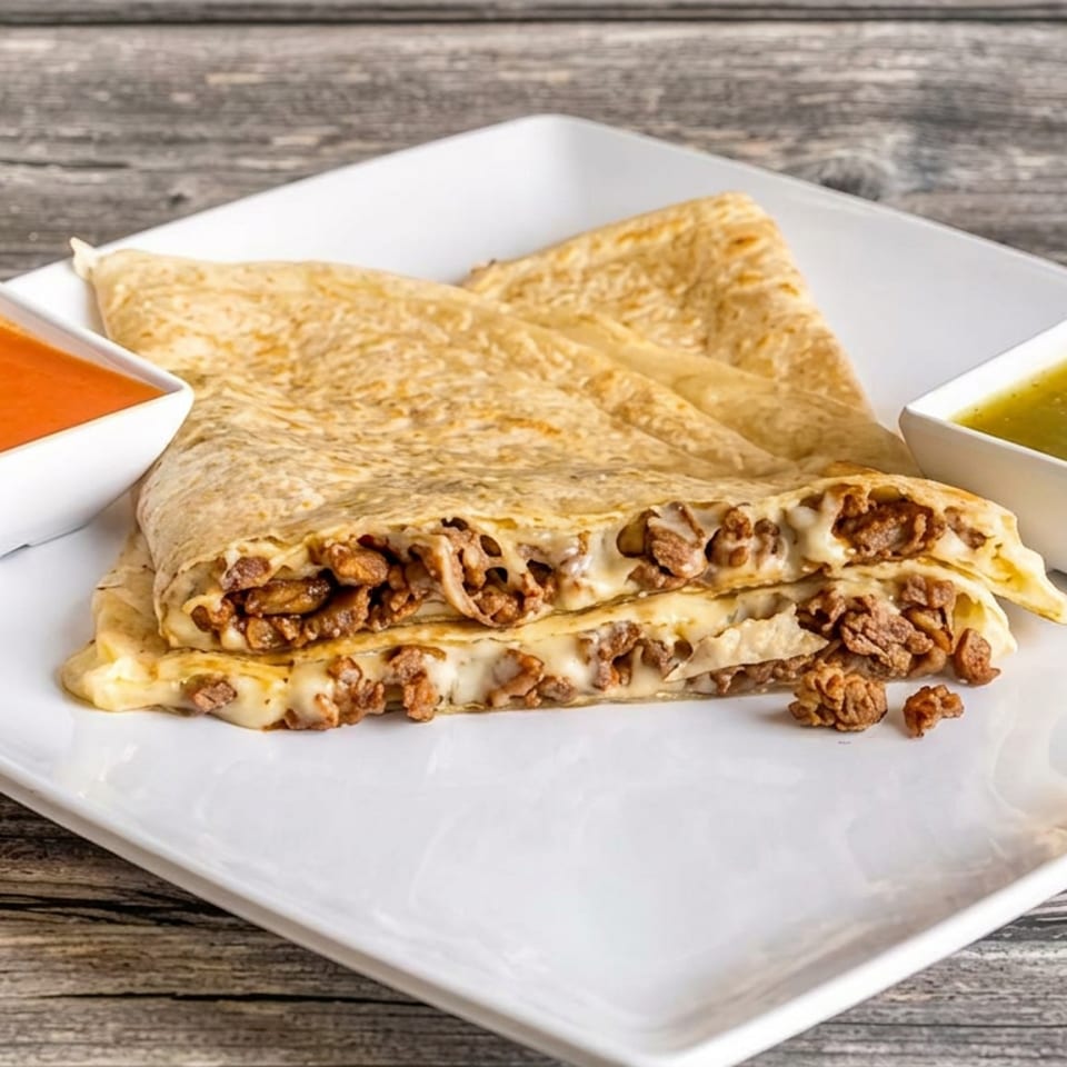 Cheesy folded quesadillas filled with seasoned meat, served with red and green dipping sauces on a white plate.