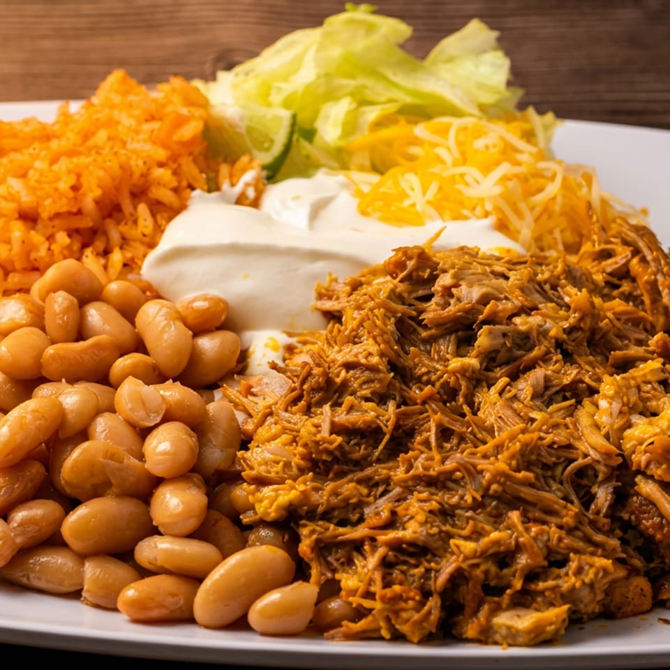 Plate of shredded seasoned meat with beans, orange rice, lettuce, sour cream, and shredded cheese on a wooden table.