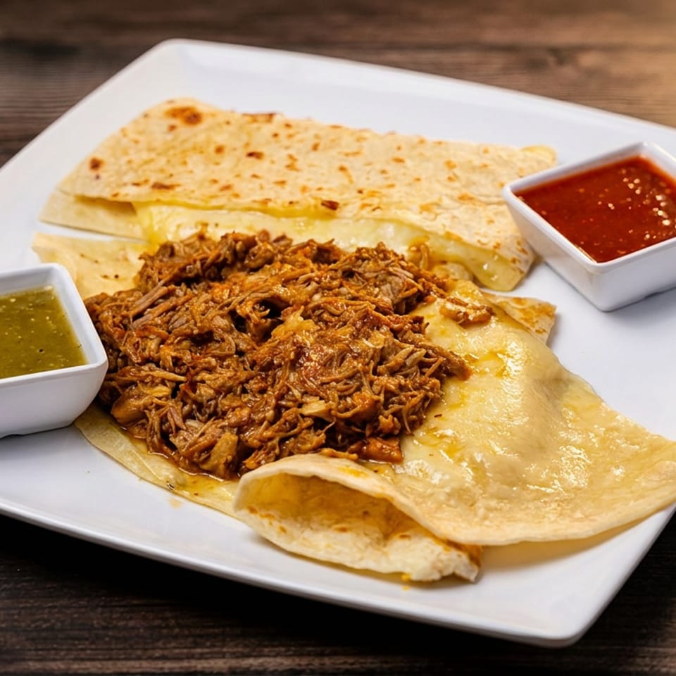 Shredded meat-filled quesadillas served on a white plate with green and red dipping sauces.