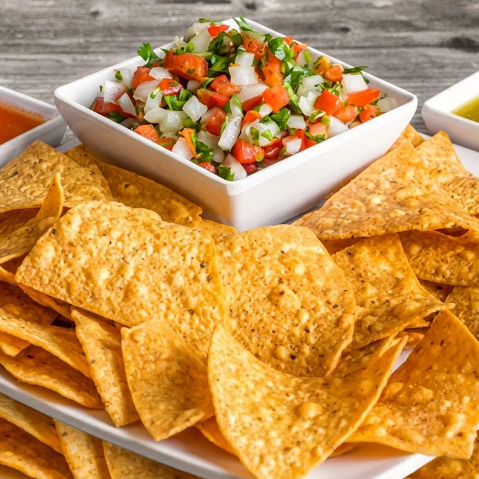 Plate of crispy tortilla chips with fresh pico de gallo and red and green dipping sauces on a rustic wooden table.