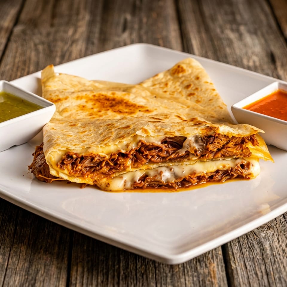 Cheesy shredded-meat quesadilla slices served on a white platter with green and red dipping sauces on a rustic wooden table.