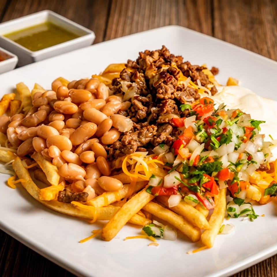 Loaded fries topped with beans, seasoned ground meat, cheese, sour cream, and pico de gallo, served with red and green sauces.