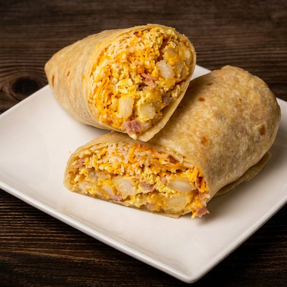 Two sliced breakfast burritos filled with scrambled eggs, rice, potatoes, cheese, and bacon on a white plate.