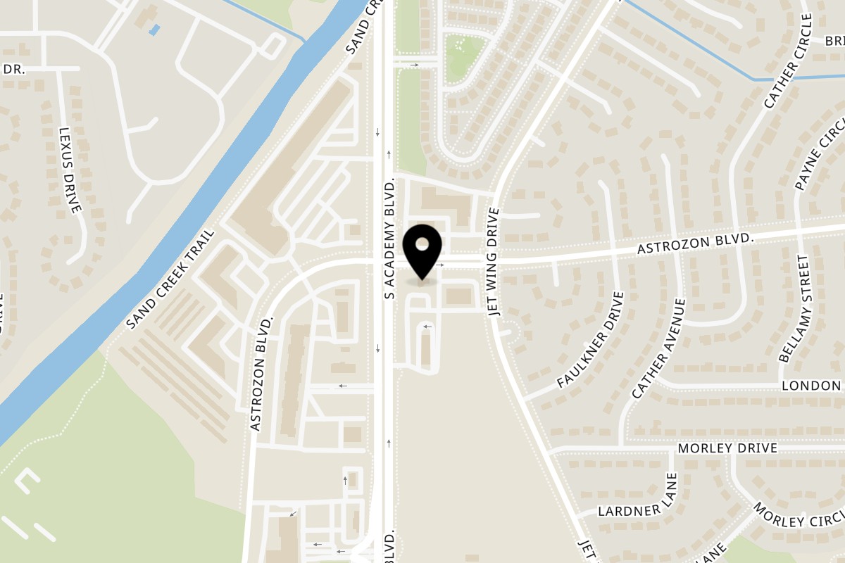 Map showing the location of Chiltepin Mexican Grill on 3855 Astrozon Blvd in Colorado Springs